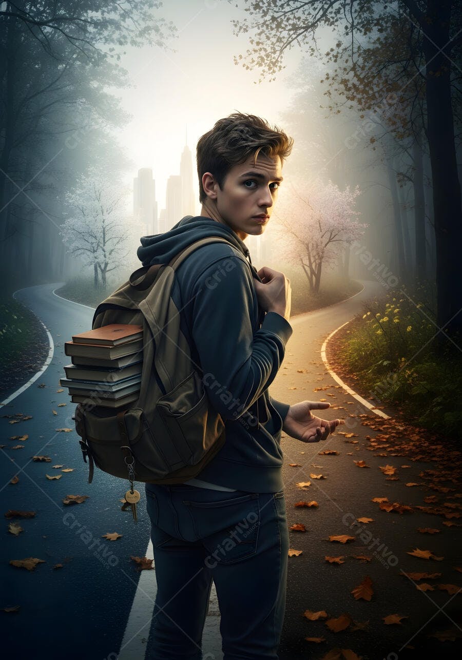 Foto Jovem Estudante Mochila Livros Encruzilhada Caminho