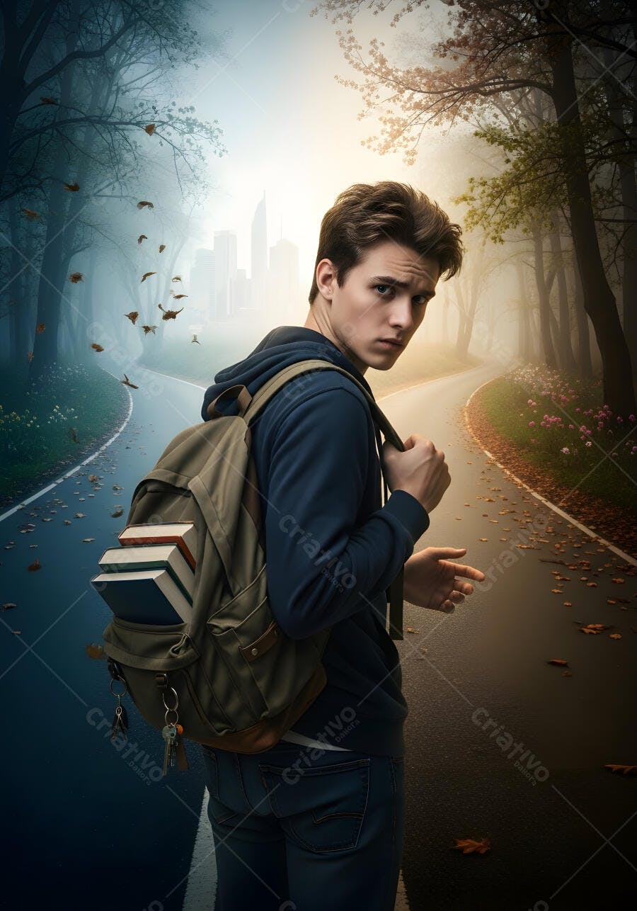 Foto Jovem Estudante Olhando para Trás Caminho Duplo Cidade Floresta
