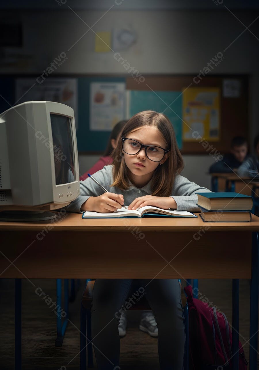 Foto Menina Estudante Escrevendo Caderno Sala de Aula Computador Antigo