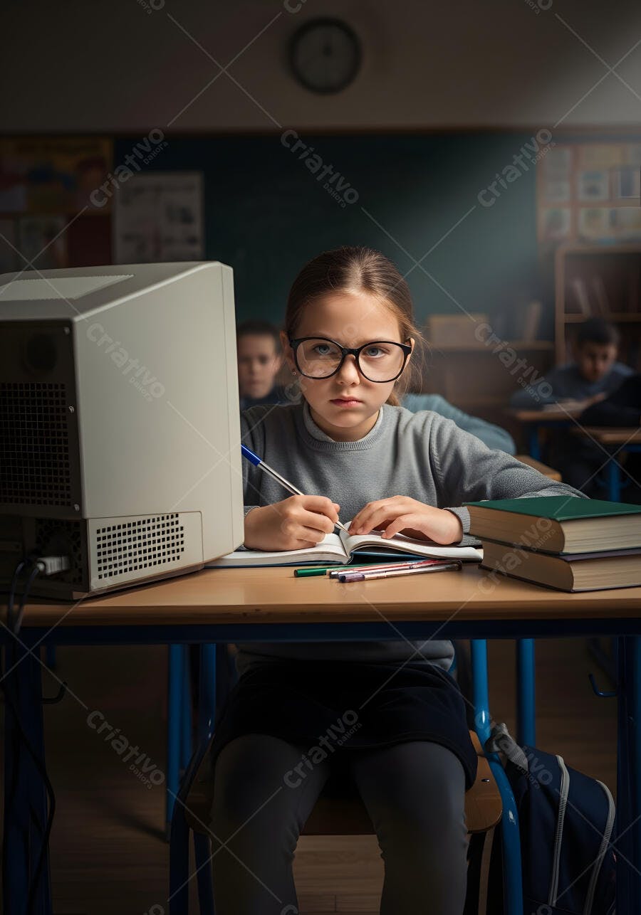 Foto Menina Estudando Computador Antigo Sala de Aula Escura