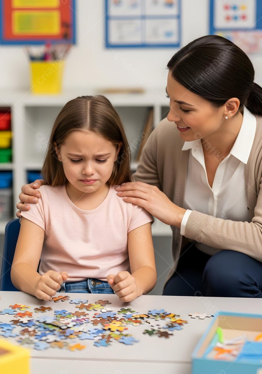 Foto Menina Triste Recebendo Apoio de Professora na Escola