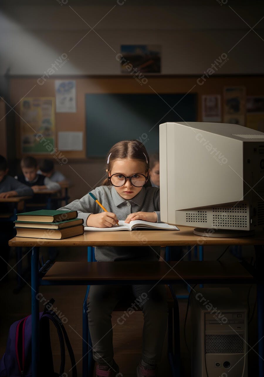 Foto Menina Estudando Computador Antigo Sala de Aula Escura