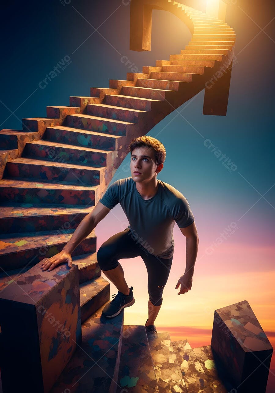 Foto Homem Subindo Escada Sucesso Desafio Céu Infinito