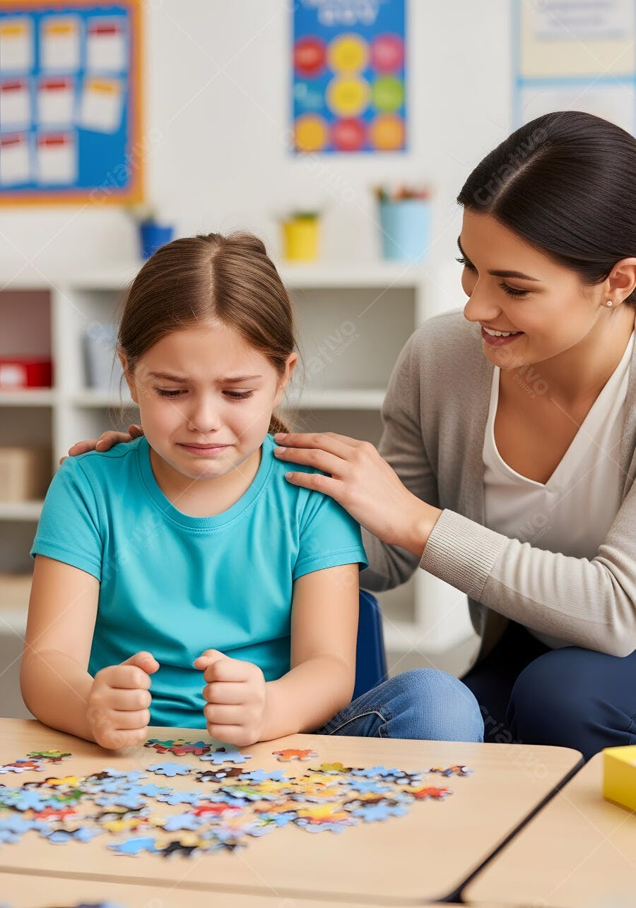 Foto Menina Chorando com Professora Brincando Quebra-Cabeça