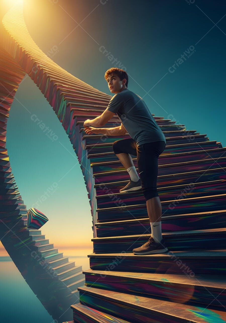 Foto Homem Subindo Escada Infinito Céu Azul Brilhante