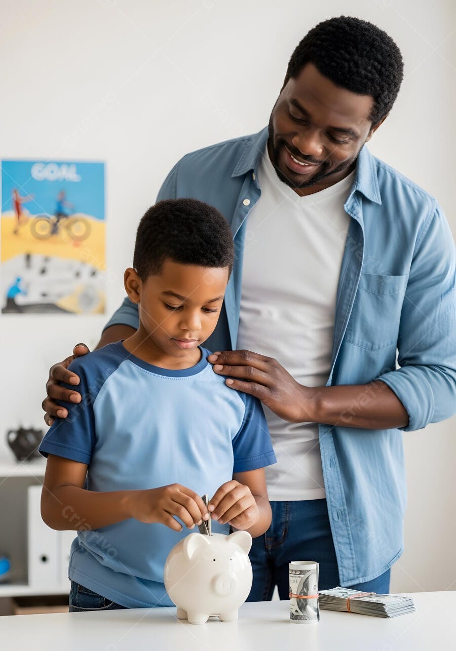 Foto Pai e Filho Negro Economizando Dinheiro Cofrinho