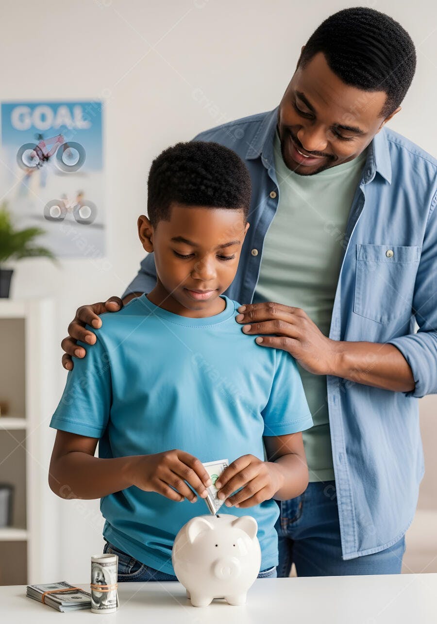 Foto Pai e Filho Negro Economizando Dinheiro Cofrinho