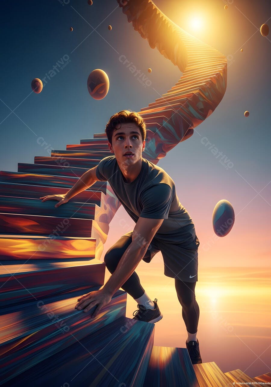 Homem Jovem Subindo Escada Abstrata Céu Dourado Desafio