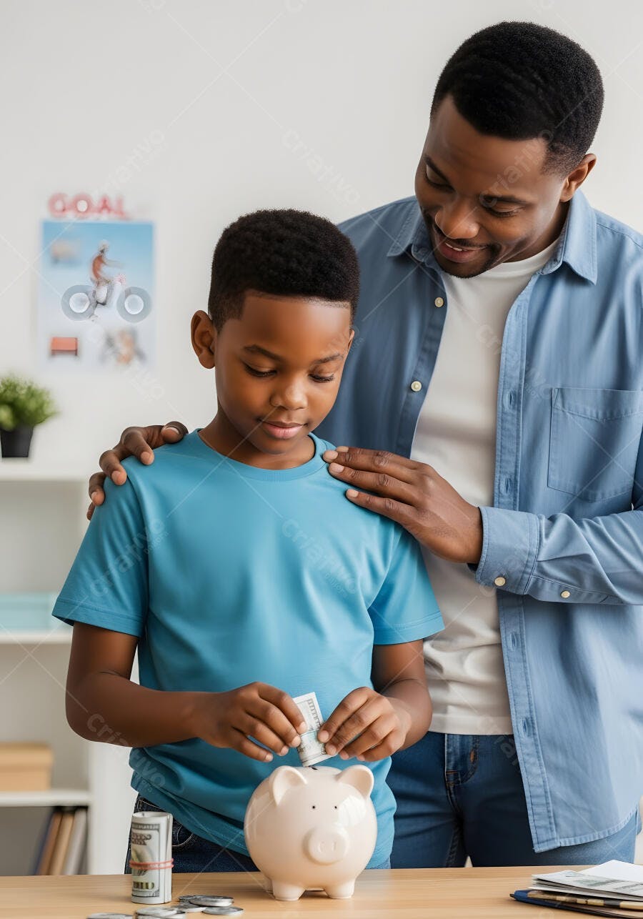 Foto Pai e Filho Negro Economizando Dinheiro Cofrinho