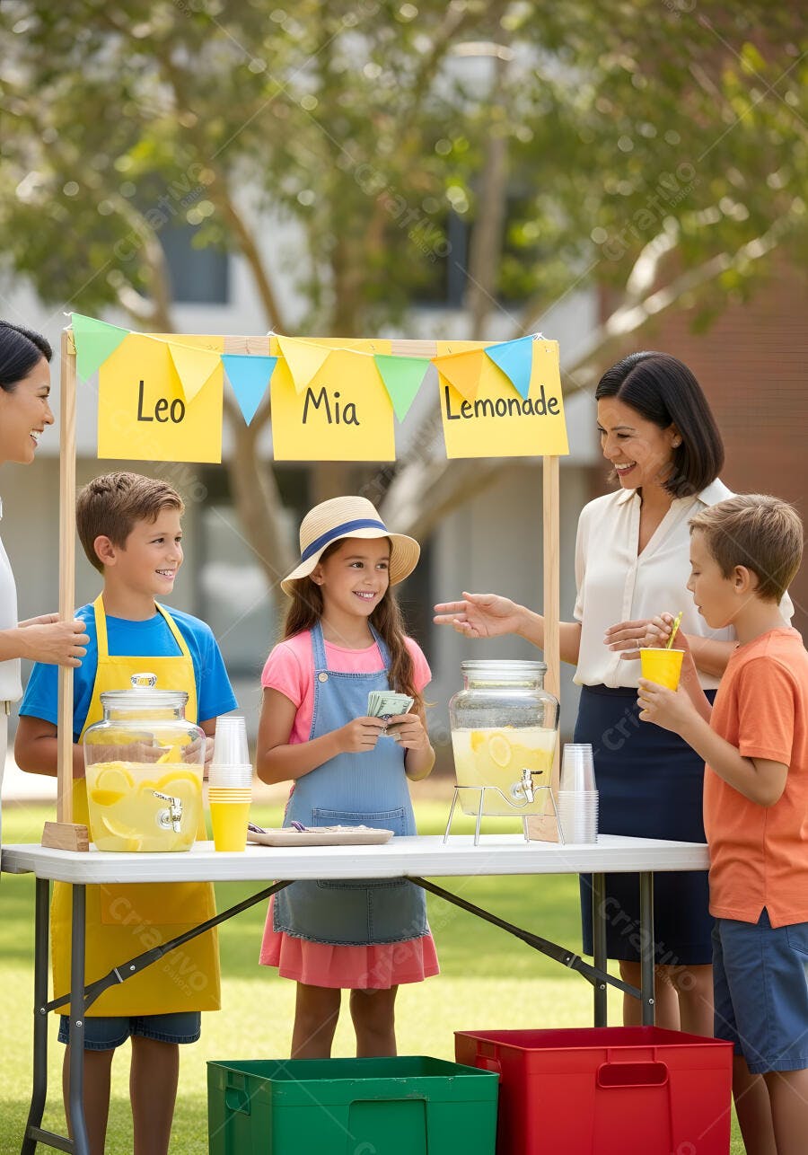 Foto Crianças Vendendo Limonada com Mãe ao Ar Livre