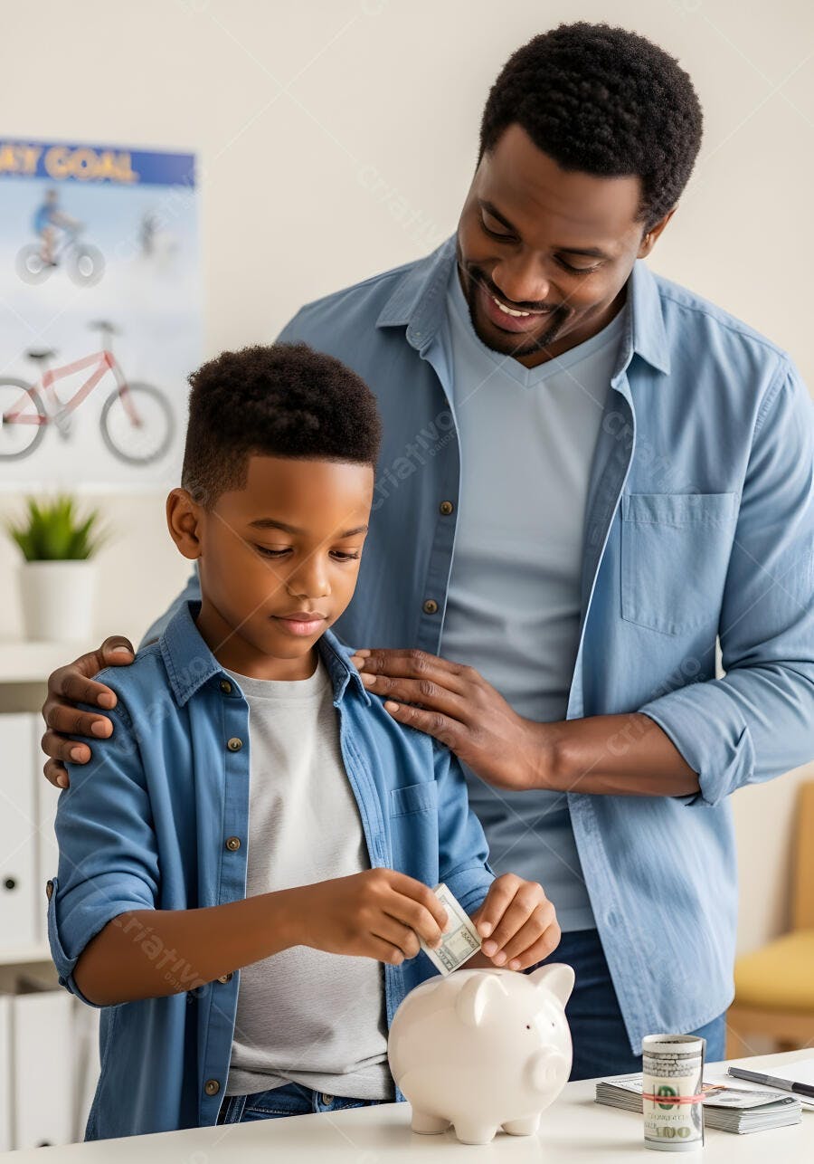Foto Pai e Filho Negro Economizando Dinheiro Cofrinho