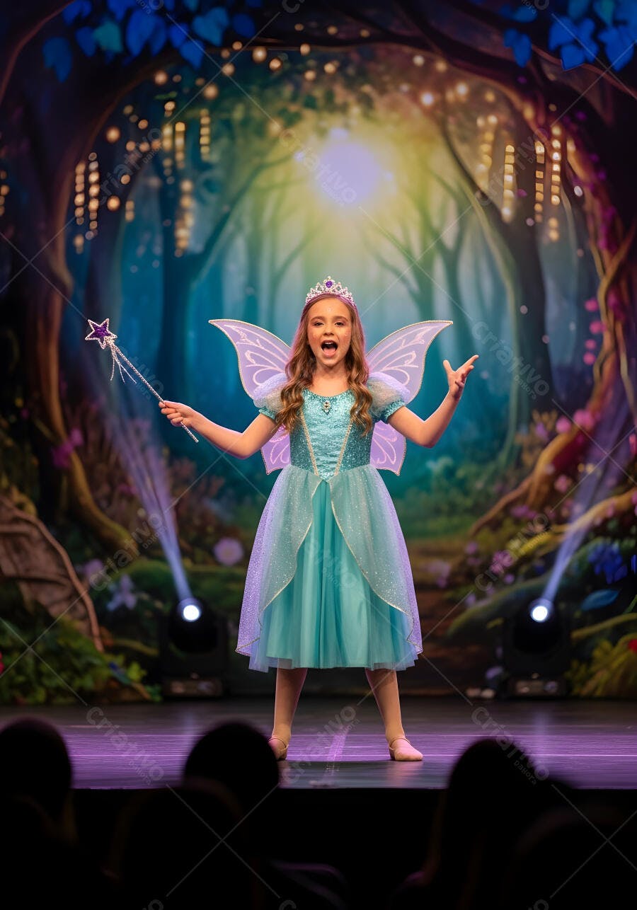 Foto Menina Fantasiada Fada Princesa Palco Teatro