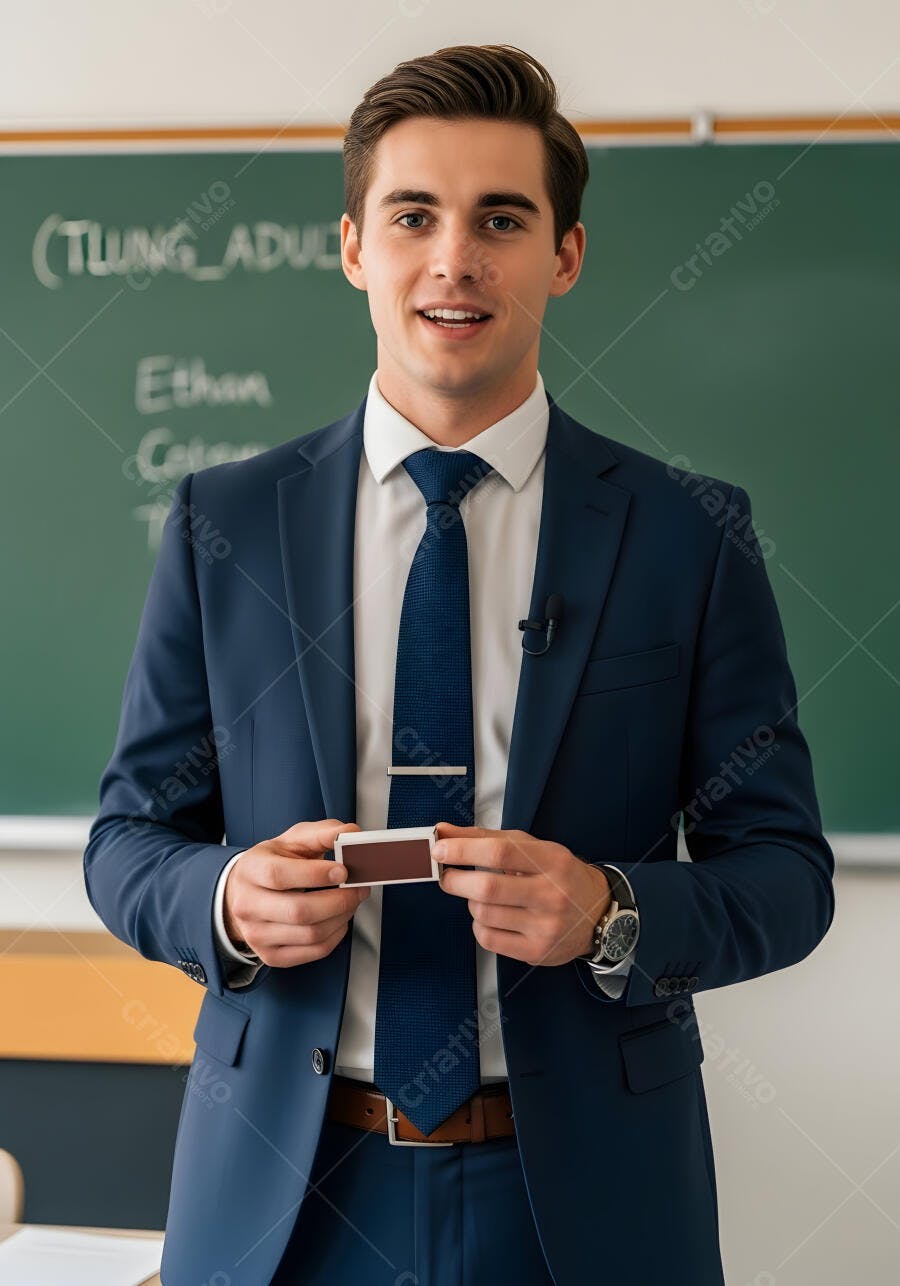 Foto Professor Homem Sorrindo Sala de Aula Lousa Verde