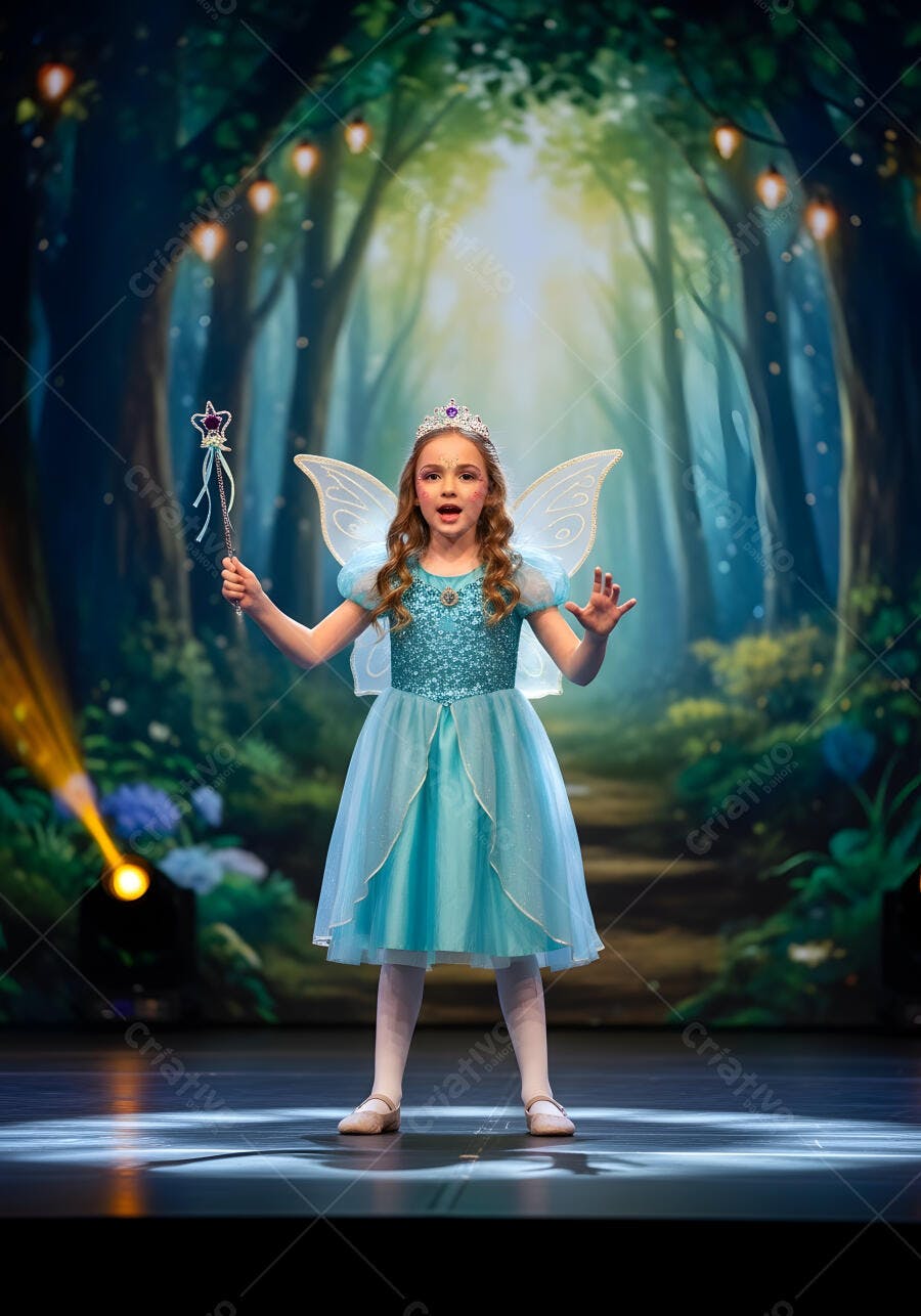 Foto Menina Fantasia Fada Azul Floresta Mágica Palco