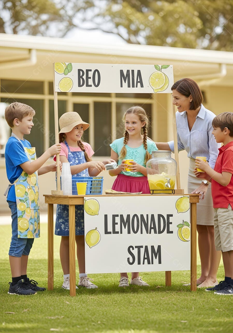 Foto Crianças Vendendo Limonada com Mulher Adulta ao Ar Livre