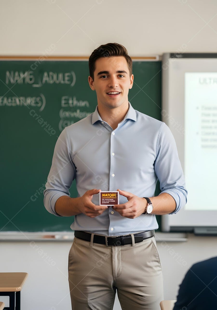 Foto Professor Homem Jovem Sorrindo Segurando Caixa de Fósforos Sala de Aula