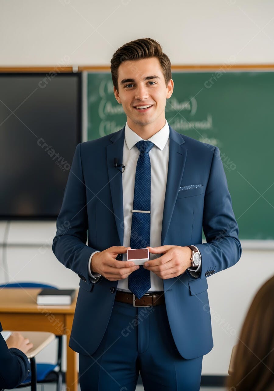 Foto Professor Homem Sorrindo Apresentando Sala de Aula