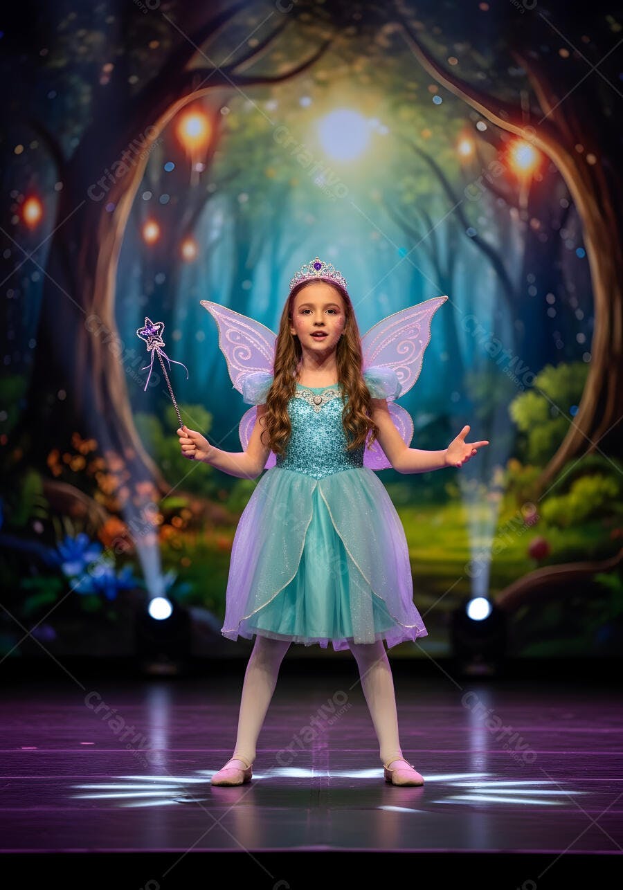 Foto Menina Fantasia Fada Azul Asa Branca Palco