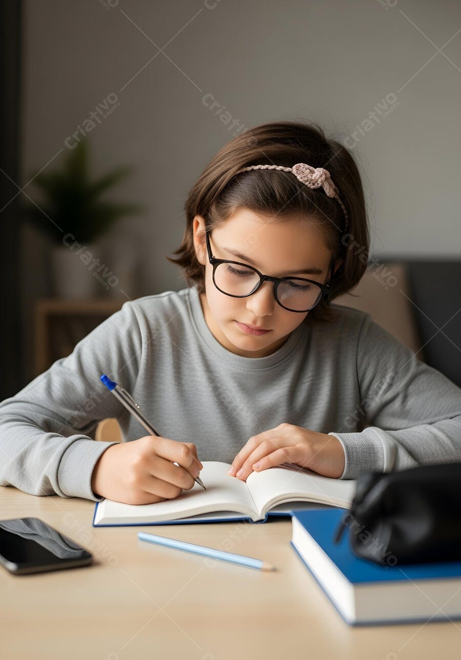 Foto Menina Estudando Lição de Casa Mesa com Livros