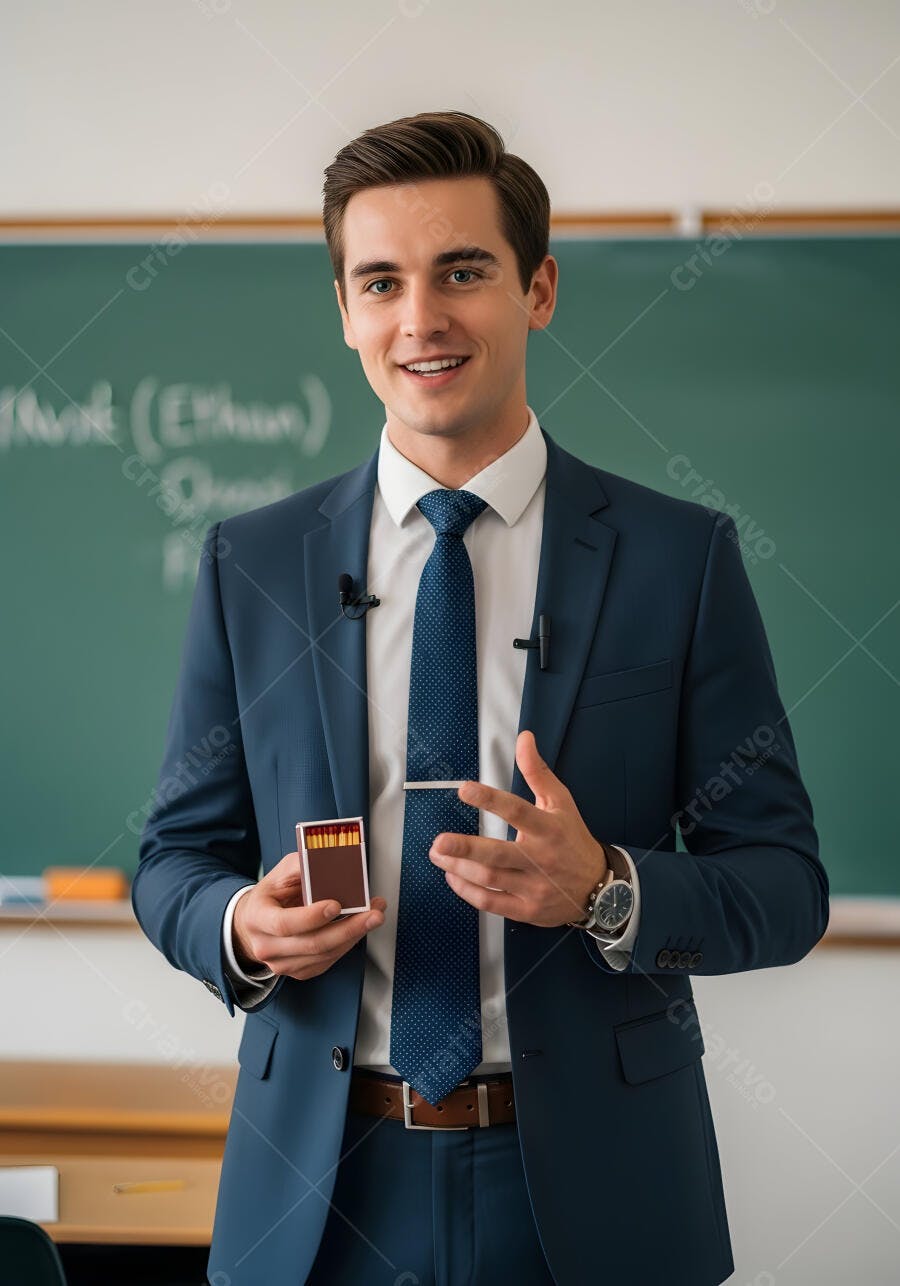 Foto Professor Homem Jovem Sorrindo Lousa Sala de Aula