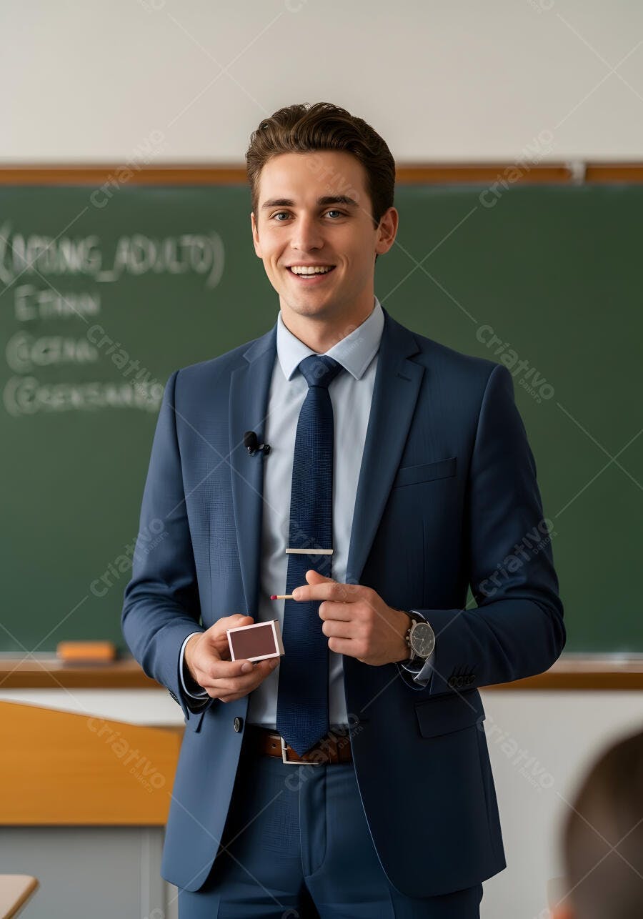 Foto Professor Homem Jovem Sorrindo Sala de Aula Lousa