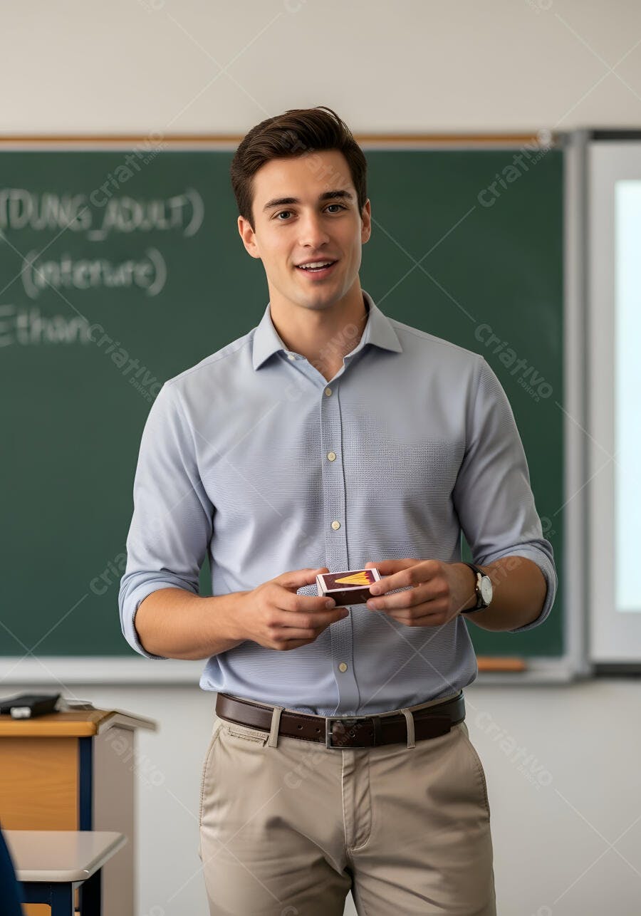 Foto Professor Jovem Sorrindo Segurando Caixa de Fósforos Sala de Aula