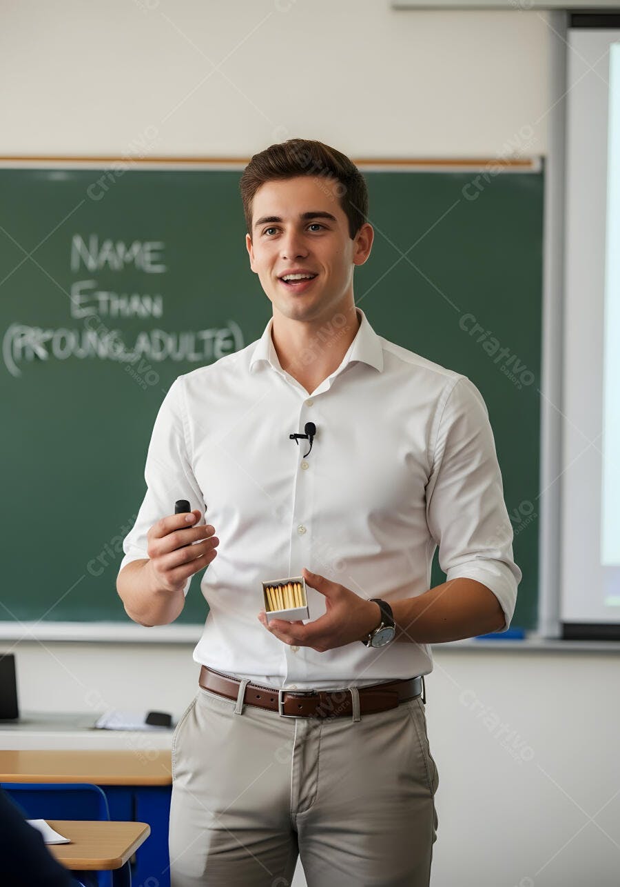 Foto Professor Jovem Ensinando Sala de Aula Lousa Verde