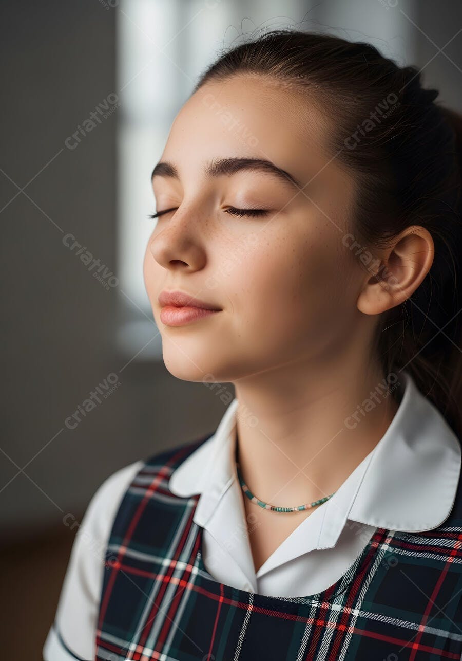 Foto Retrato Menina Estudante Olhos Fechados Meditando