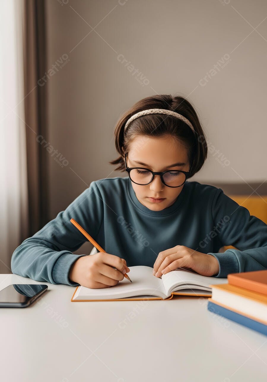 Foto Menina Estudando Escrevendo Caderno Óculos Mesa