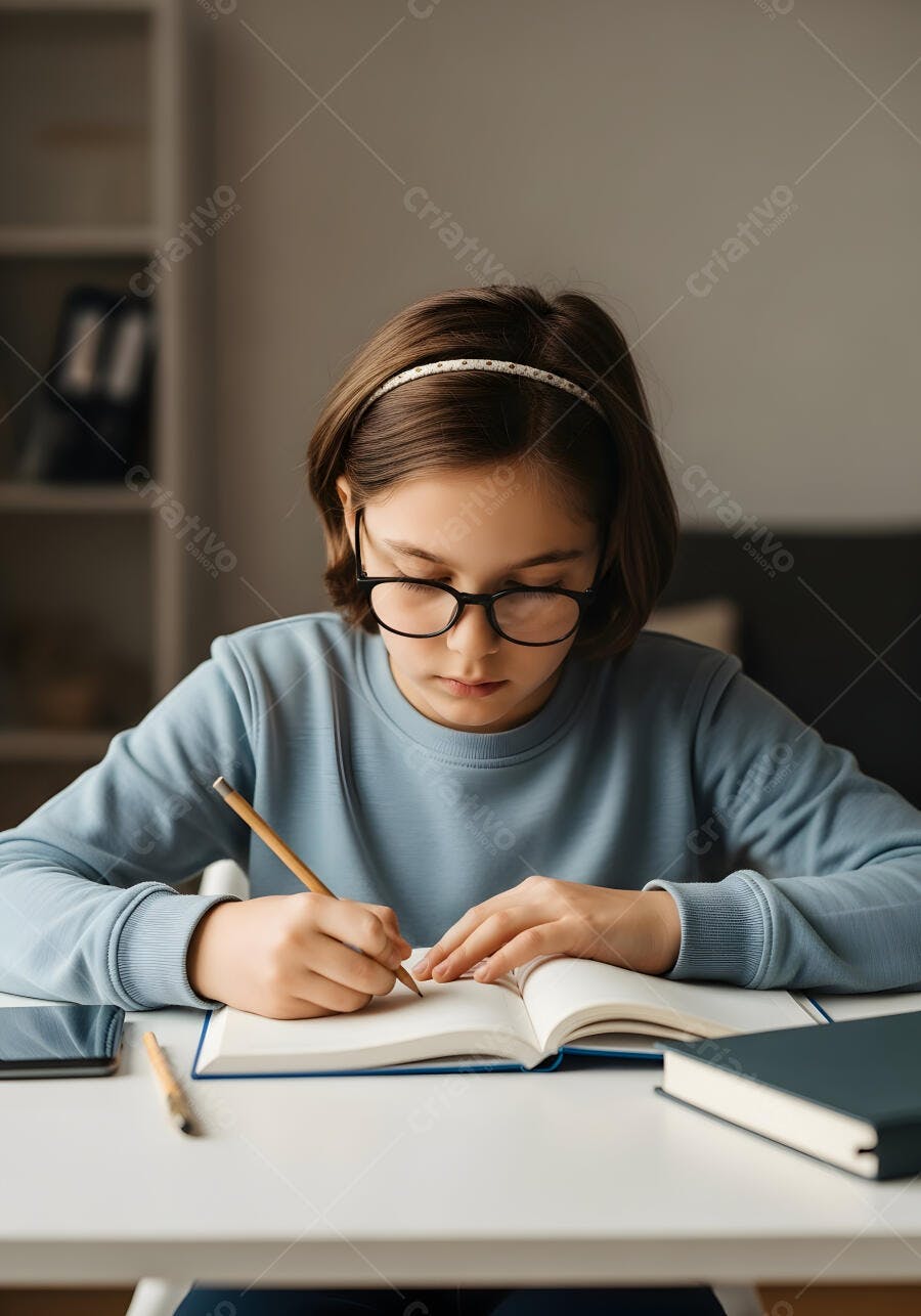 Foto Menina Estudando Escrevendo em Caderno na Mesa de Estudo