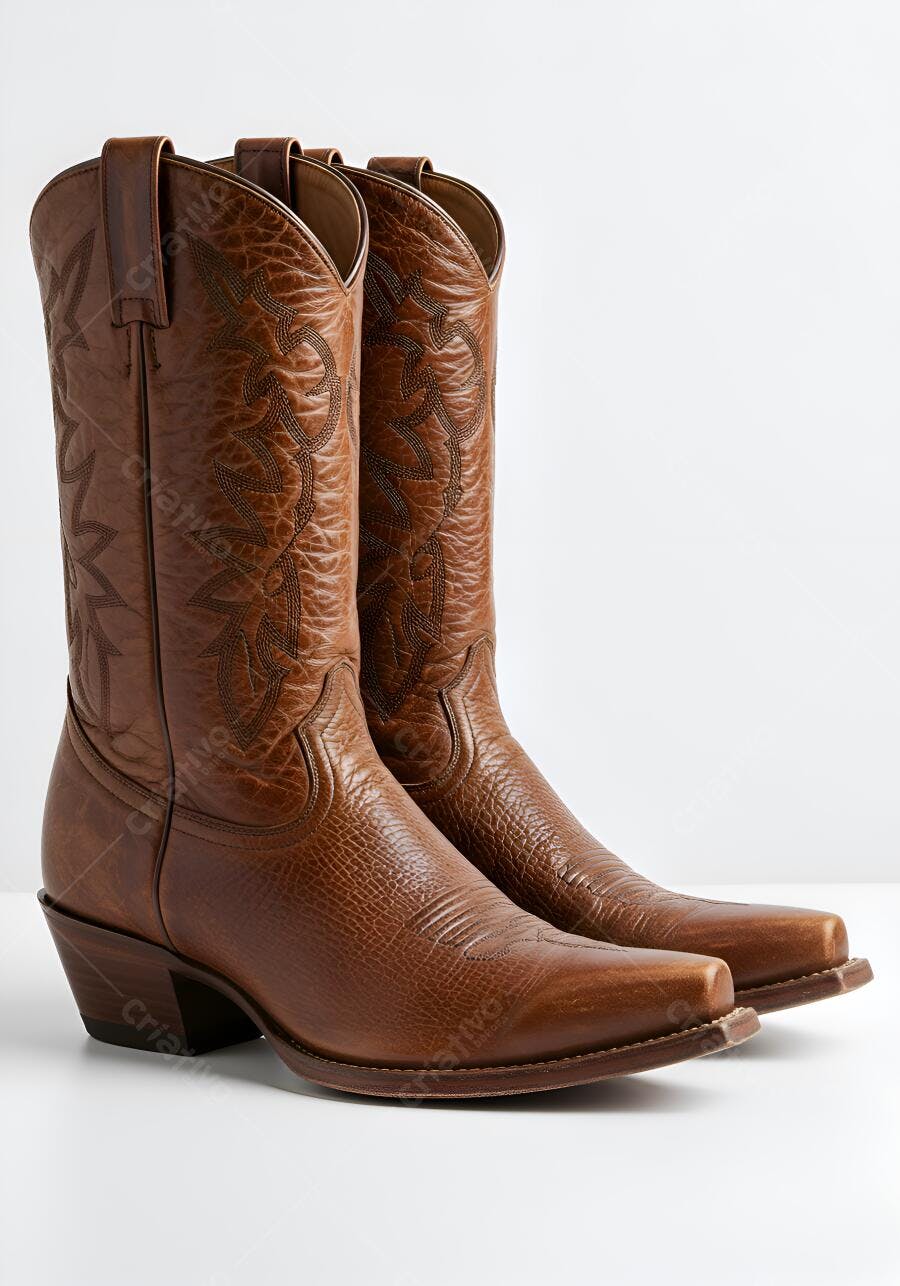 Foto Botas Country Marrons Couro Detalhes Bordados Fundo Branco