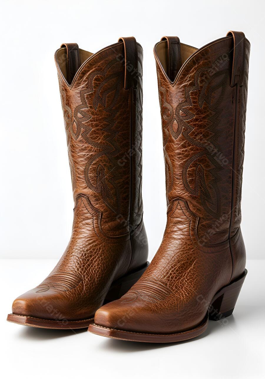 Foto Botas de Cowboy Marrons Detalhes Bordados Fundo Branco