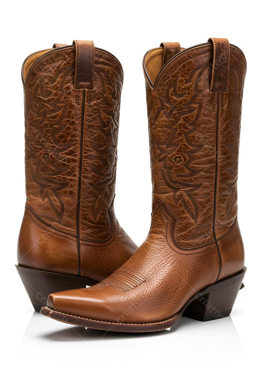 Foto Botas Country Marrom Couro Detalhes Bordados Fundo Branco