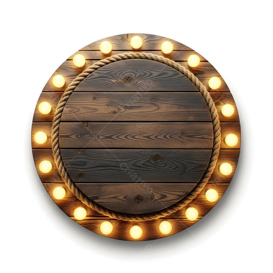 Placa Redonda Madeira Rústica com Lâmpadas Iluminadas