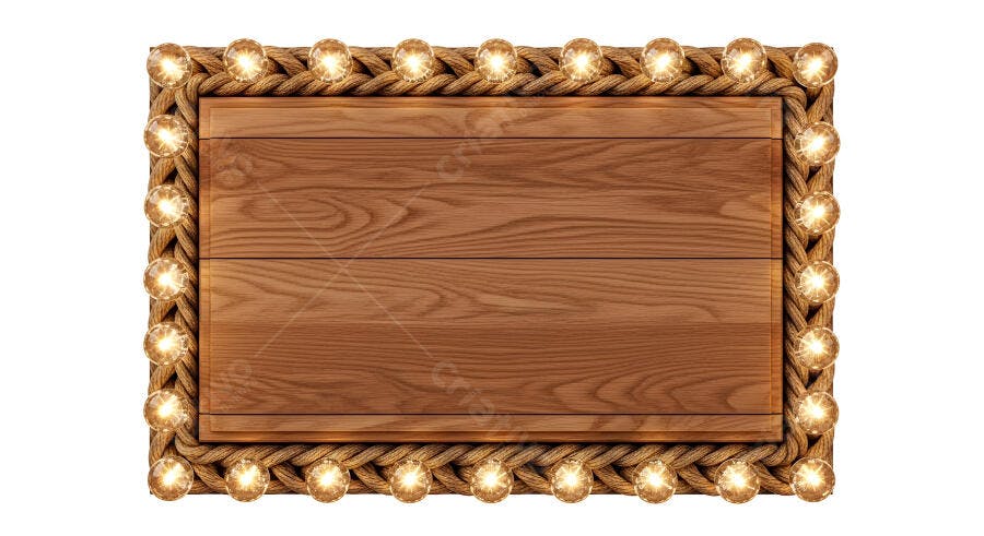 Placa de Madeira Rústica com Corda e Lâmpadas Iluminadas