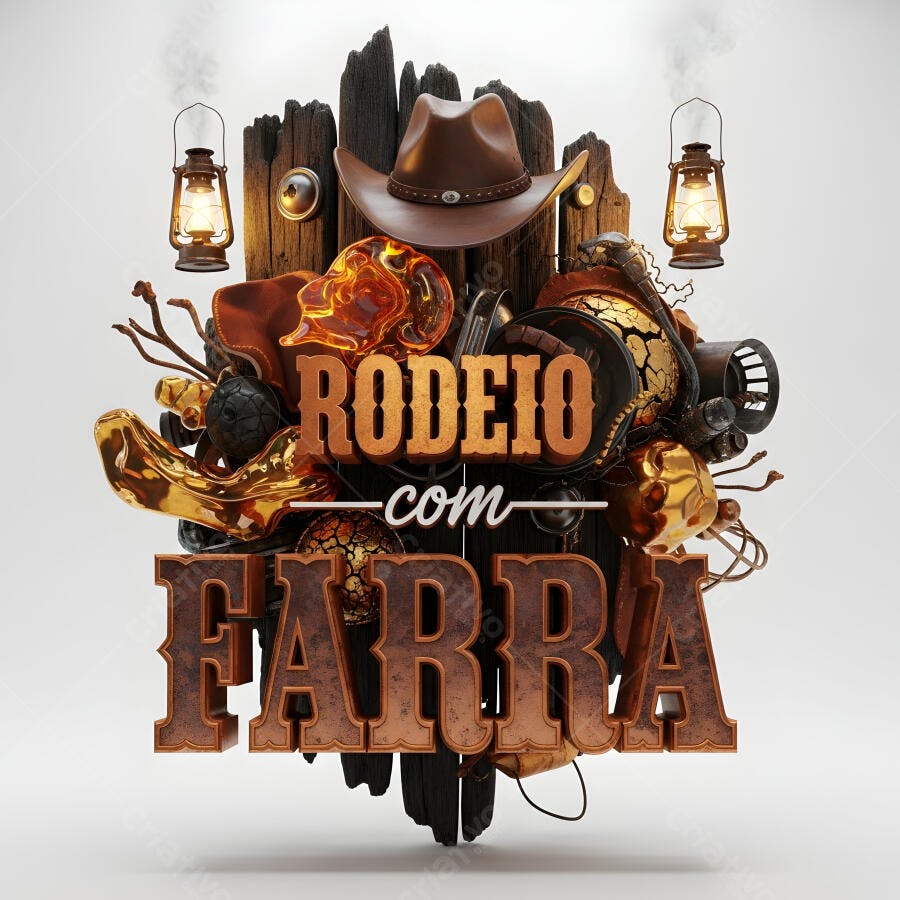 Rodeio com Farra Logo 3D Chapéu de Cowboy e Lanterna
