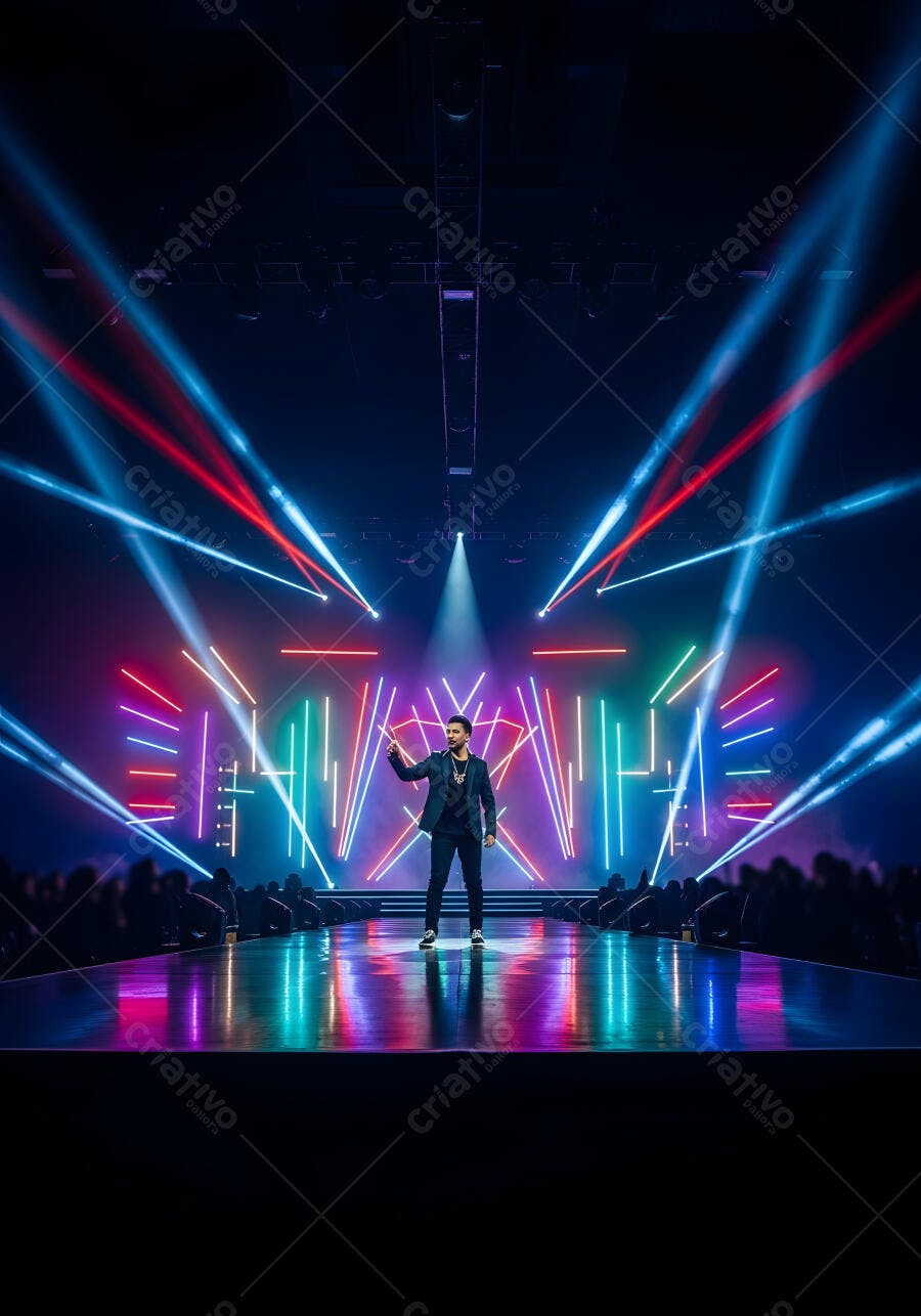Foto Homem Palco Show Luzes Neon Coloridas