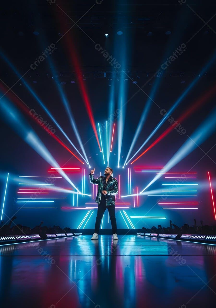Foto Homem Cantando Palco Iluminação Neon Show Musical