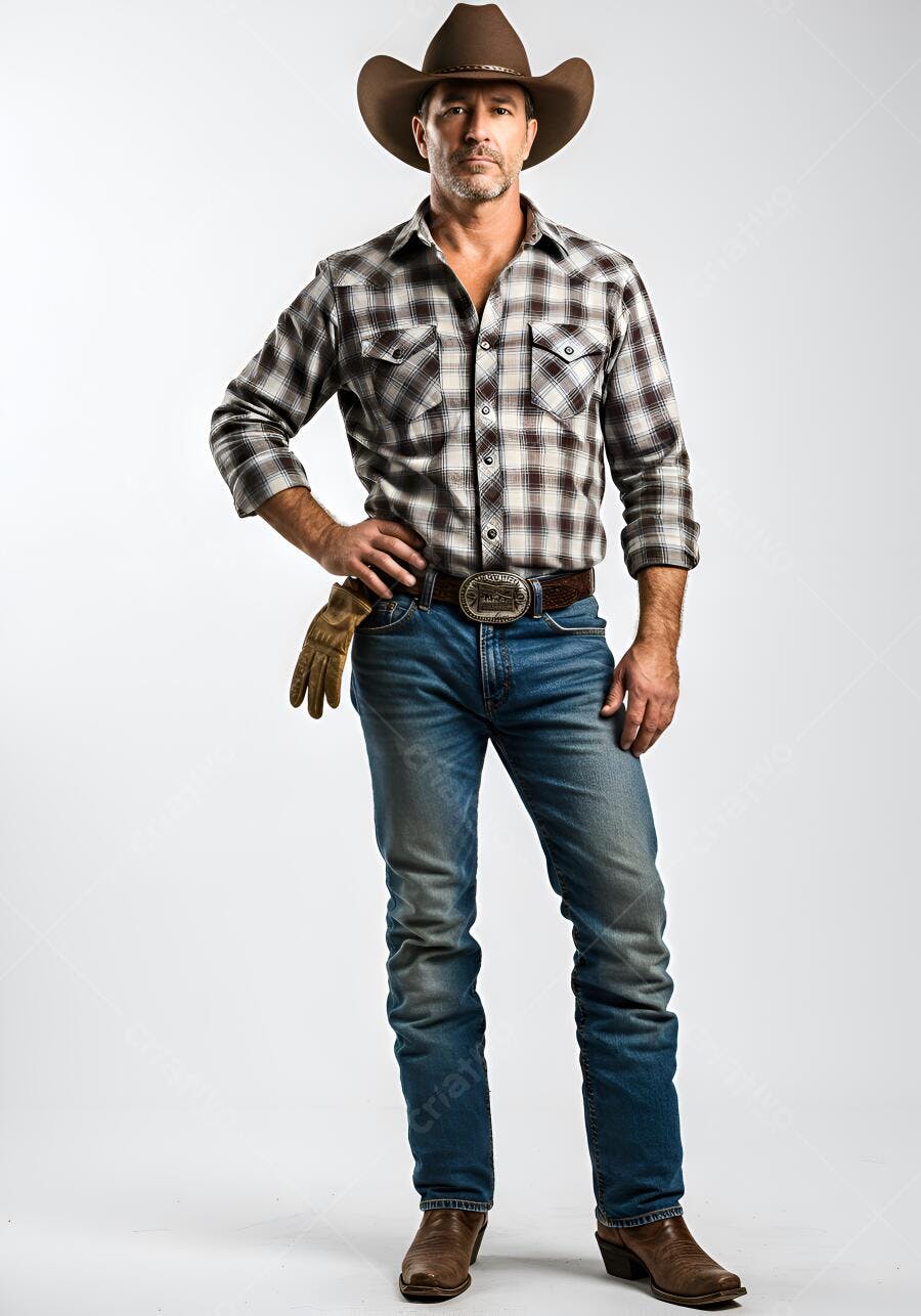 Foto Cowboy Homem Adulto Chapéu Xadrez Jeans Estúdio