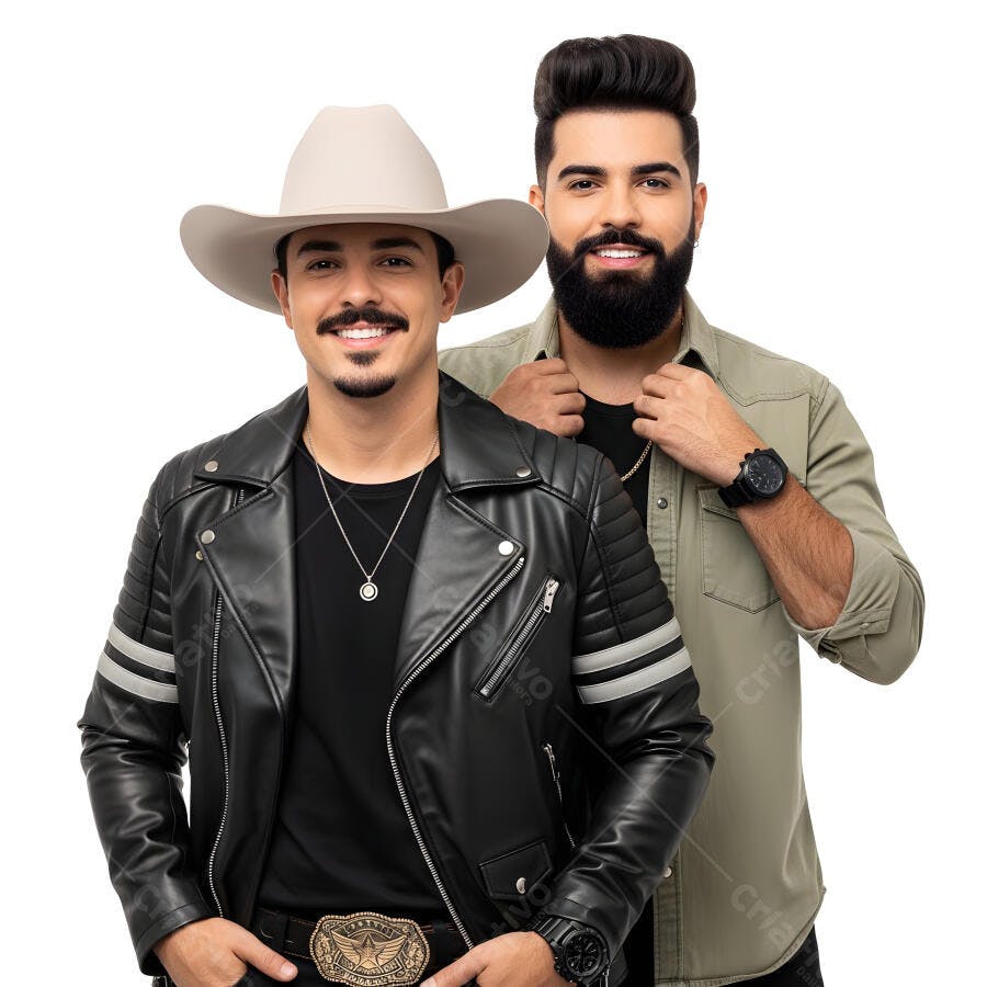 Foto Dupla Sertaneja Masculina Sorrindo Estúdio Fundo Branco