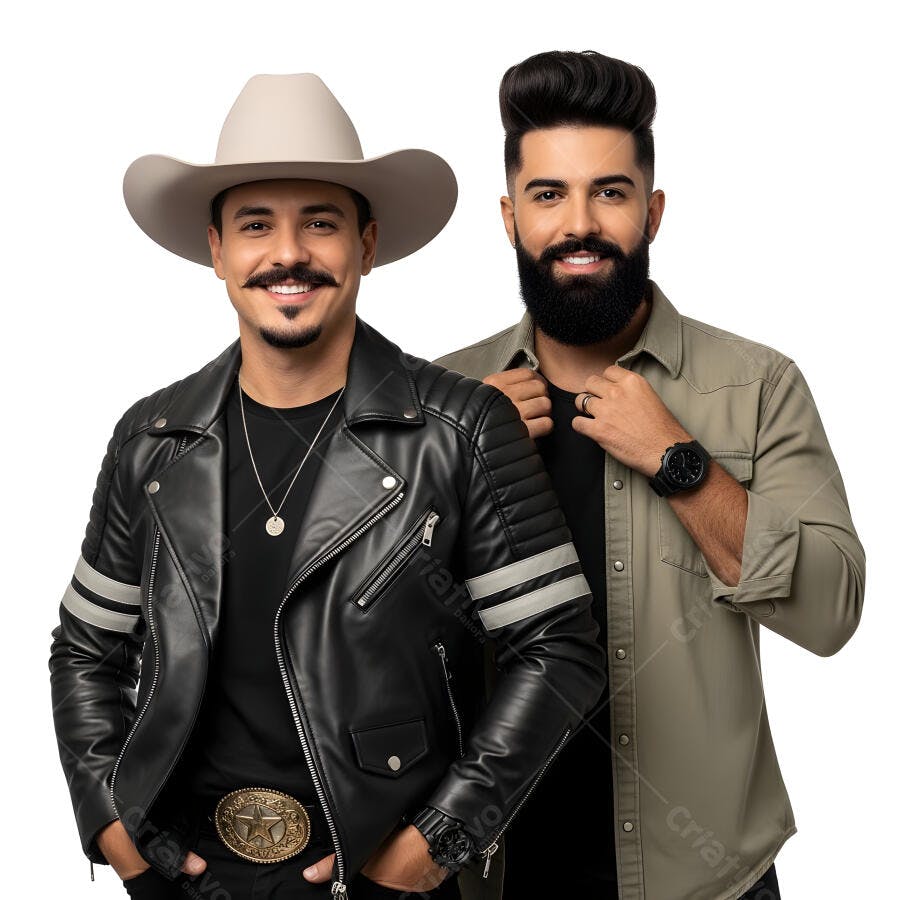 Foto Dupla Sertaneja Masculina Sorrindo Chapéu e Jaqueta