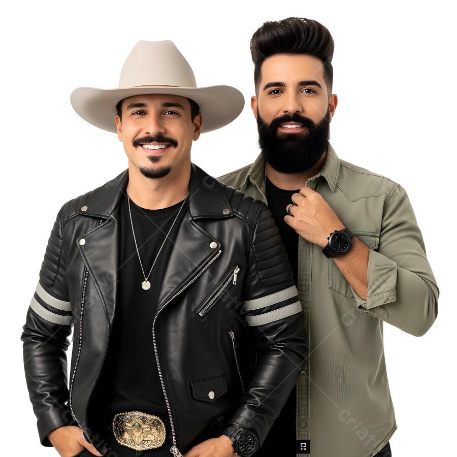 Foto Dupla Sertaneja Masculina Sorrindo Chapéu e Jaqueta