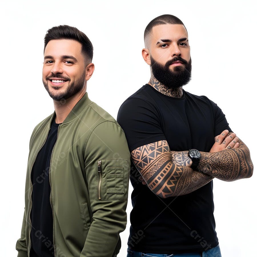 Foto Dois Homens Jovens Sorrindo e Sério Estúdio Branco