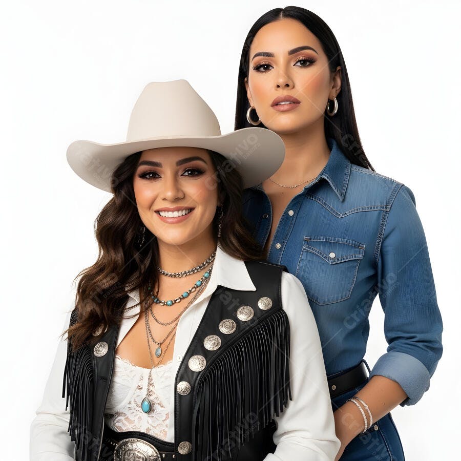 Foto Duas Mulheres Sertanejas Chapéu Country Sorrindo Estúdio