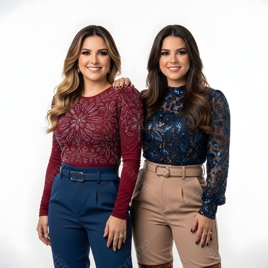 Foto Duas Mulheres Jovens Sorrindo Juntas Estúdio Fundo Branco