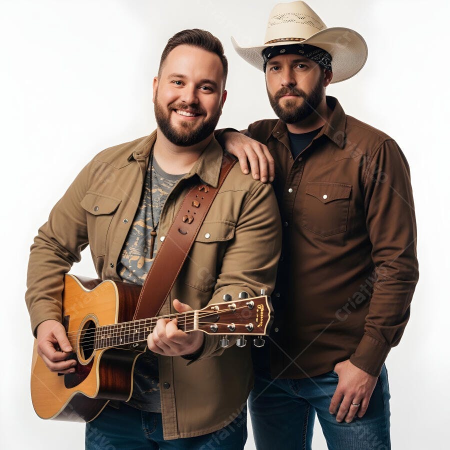 Foto Dupla Sertaneja Masculina com Violão e Chapéu de Cowboy