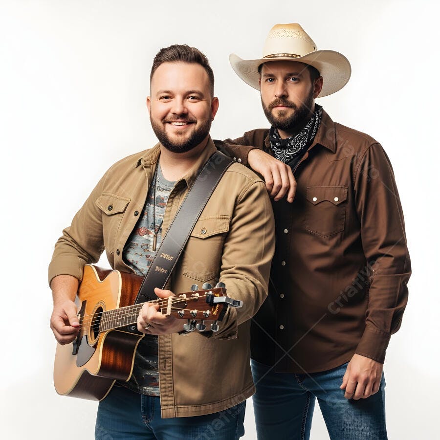 Foto Dupla Sertaneja Masculina com Violão Sorrindo Estúdio