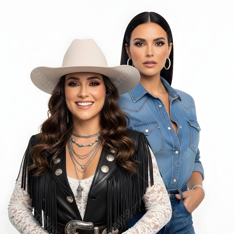 Foto Mulheres Country Sorrindo e Séria Estúdio Fundo Branco