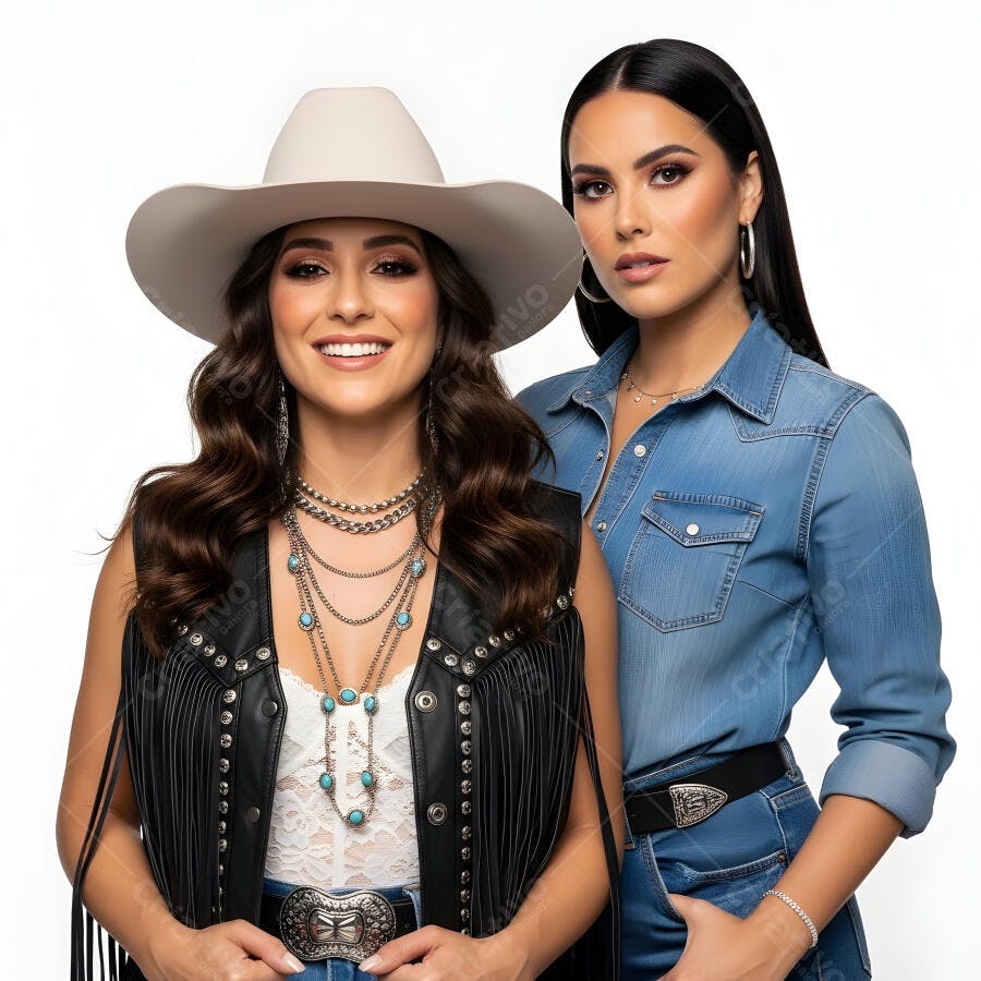Foto Mulheres Sertanejas Sorrindo Chapéu Country Estúdio