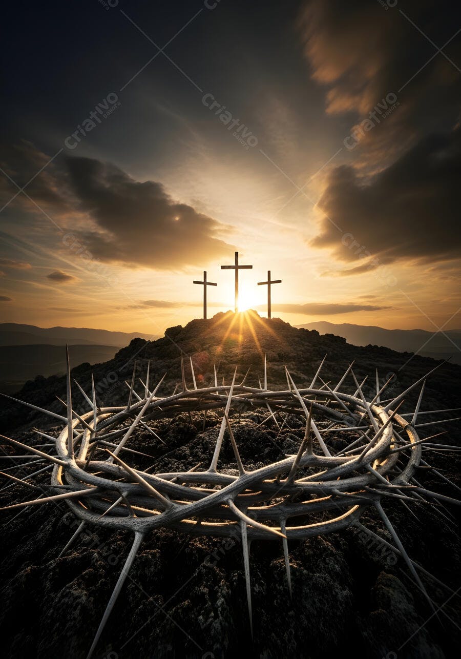Foto Coroa de Espinhos e Três Cruzes Pôr do Sol Páscoa